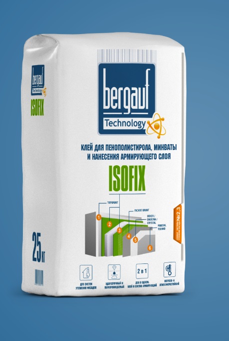 Клей для пенополистирола, минваты и нанесения армирующего слоя Bergauf Isofix, 25кг