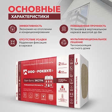 Утеплитель Роквул Лайт Баттс Экстра 1000х600х100 мм, 4 шт/уп, 2,4 м²